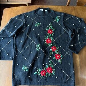 Vintage 90s BP designs poinsetta red floral embroidery holiday knit sweater xl
